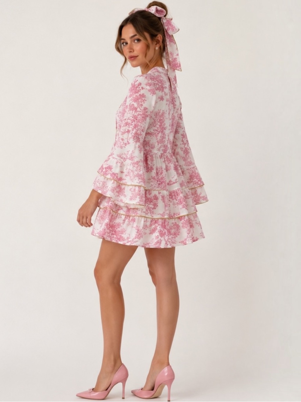 Pink Toile de Jouy Mini Dress Bell Sleeve Ruffle Gold Trim Coquette Cottage